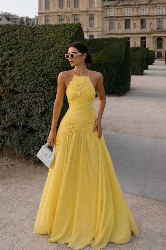 Loverlm yellow wedding guest dress with halter neckline floral appliques ruched drop waist and flowing floor-length A-line skirt