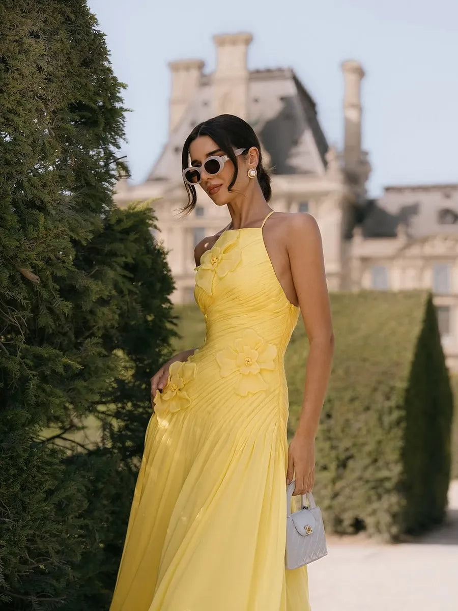 Romantic A-Line Halter Sleeveless Floral Ruched Floor-Length Wedding Guest Dress