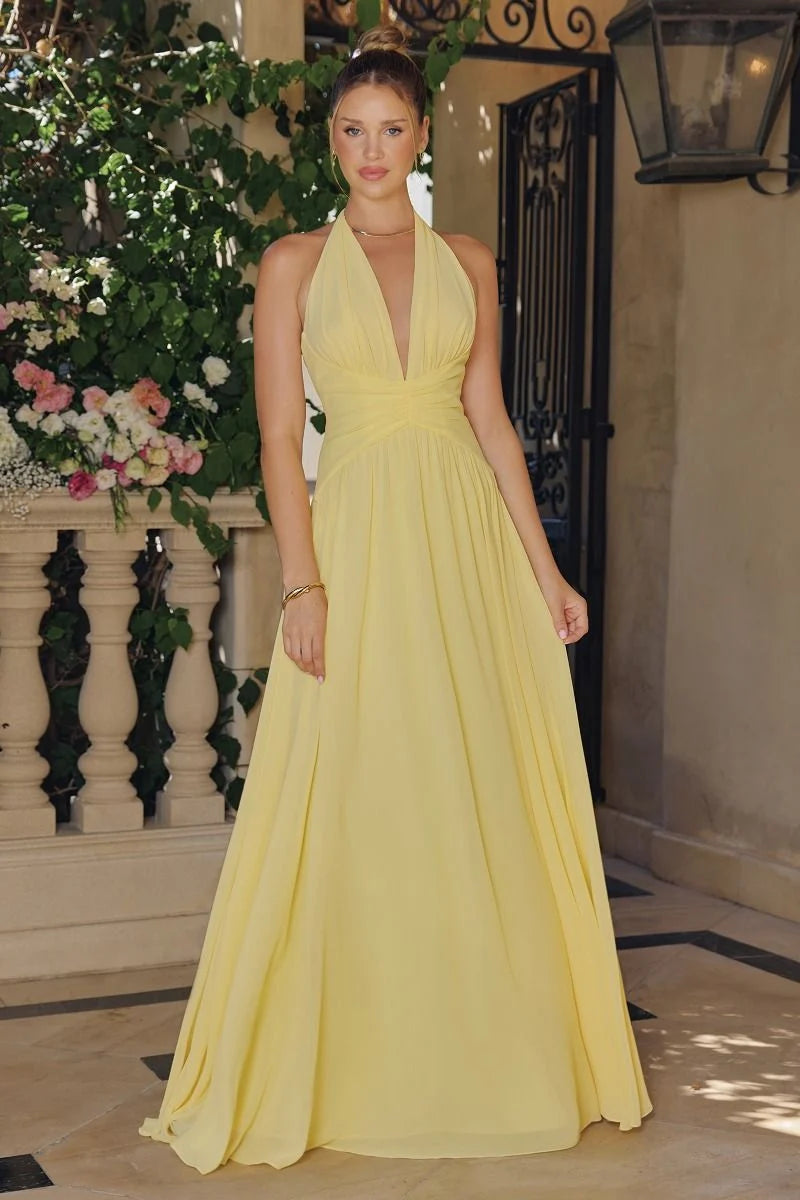Loverlm light yellow halter prom dress with plunging V-neck ruched waist and flowing chiffon A-line floor-length skirt