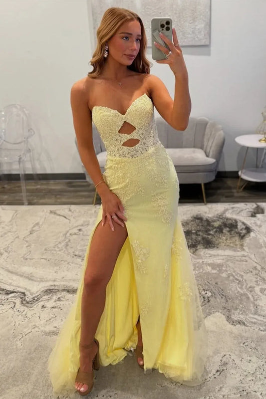 Loverlm light yellow lace mermaid prom dress with a strapless sweetheart neckline, two front cutouts, high slit and flared tulle hem.