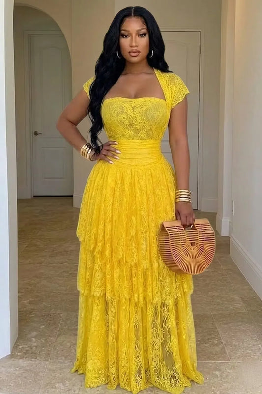 Loverlm yellow lace wedding guest dress with square neckline cap sleeves ruched waist and tiered floor-length A-line skirt