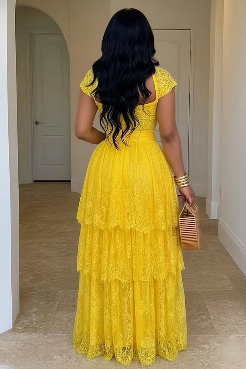 Elegant A-Line Square-Neck Cap-Sleeve Closed-Back Floor-Length Wedding Guest Dress