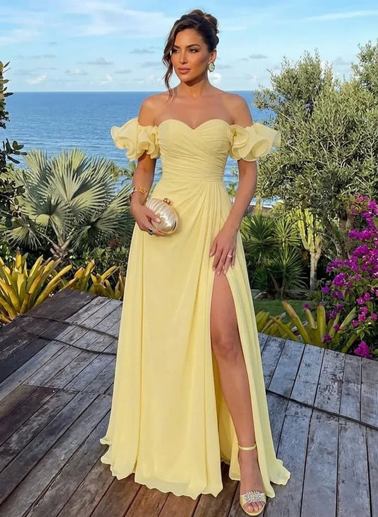 Front view of Loverlm yellow off-shoulder ruffle A-line wedding guest dress with sweetheart neckline and thigh slit