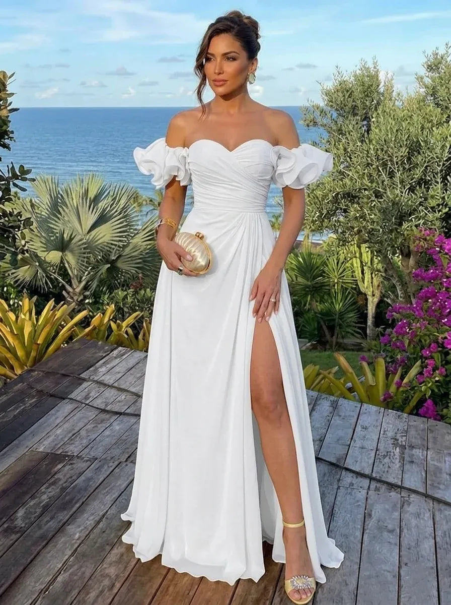 Romantic A-Line Sweetheart Off-Shoulder Ruffle Back Maxi Wedding Guest Dress