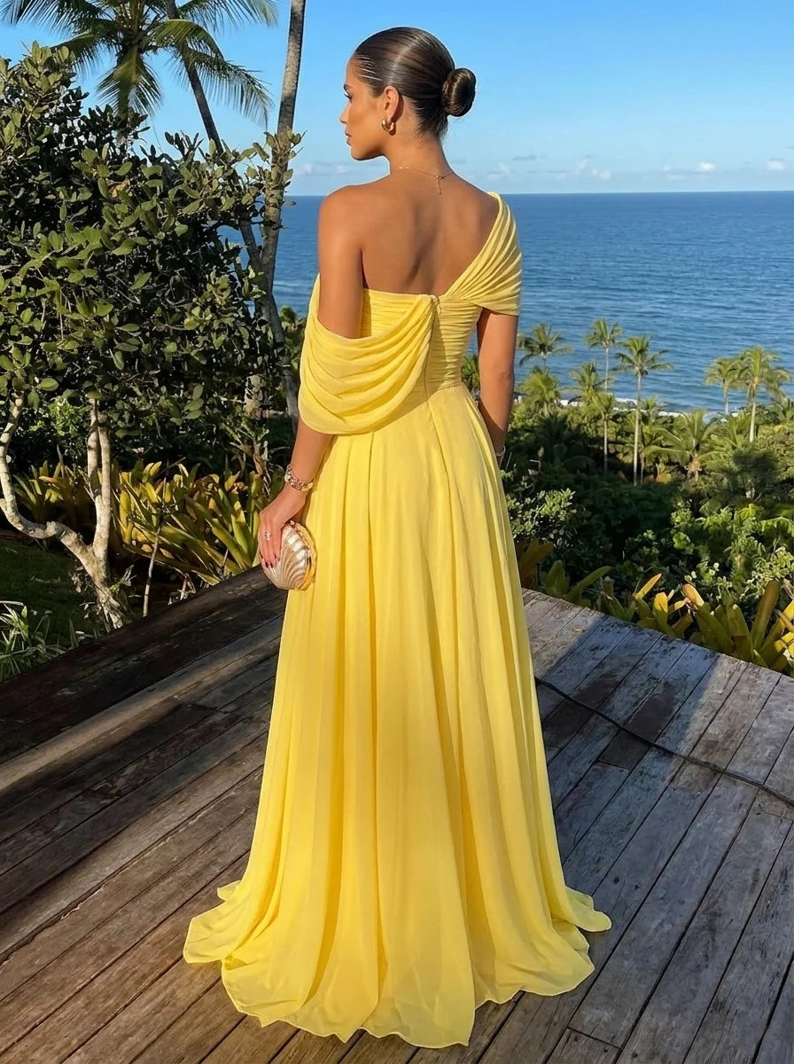 Elegant A Line One Shoulder Draped Chiffon Floor Length Prom Dress
