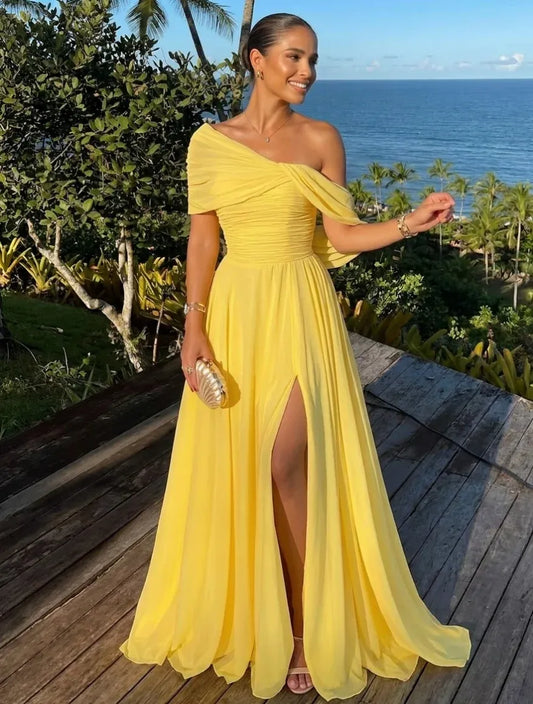 Loverlm yellow one shoulder ruched slit A-line prom dress front view