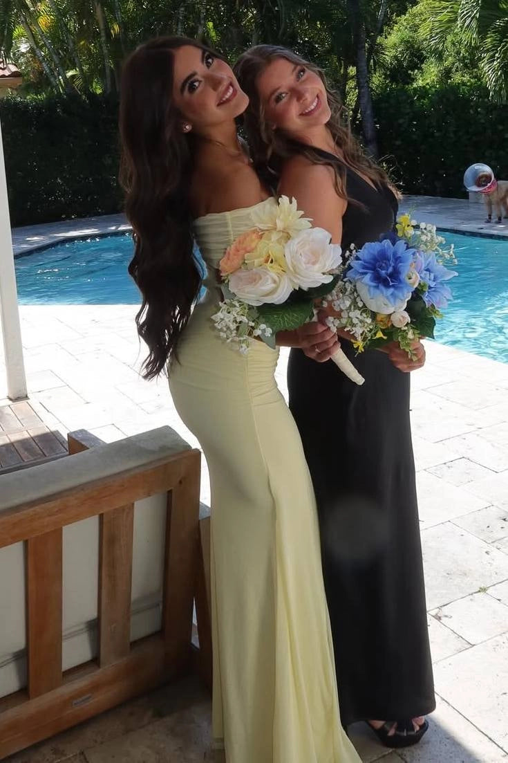 Elegant Yellow Mermaid Off-Shoulder Short-Sleeve Ruched-Back Flared Floor-Length Evening Dress