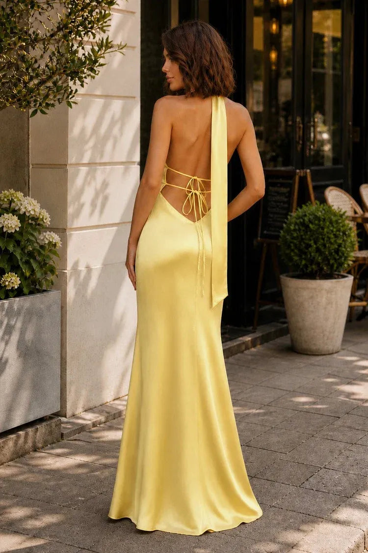Glamorous Satin Sheath Halter V-Neck Sleeveless Tie-Back Floor-Length Prom Dress