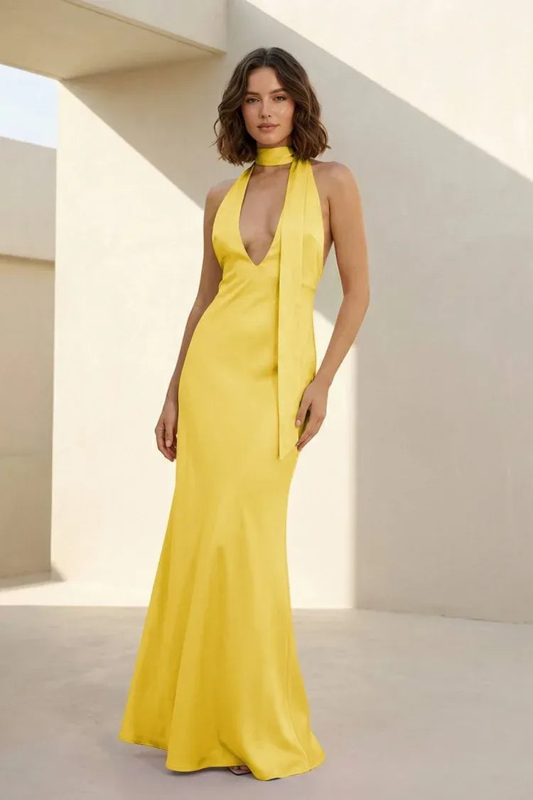 Glamorous Satin Sheath Halter V-Neck Sleeveless Tie-Back Floor-Length Prom Dress