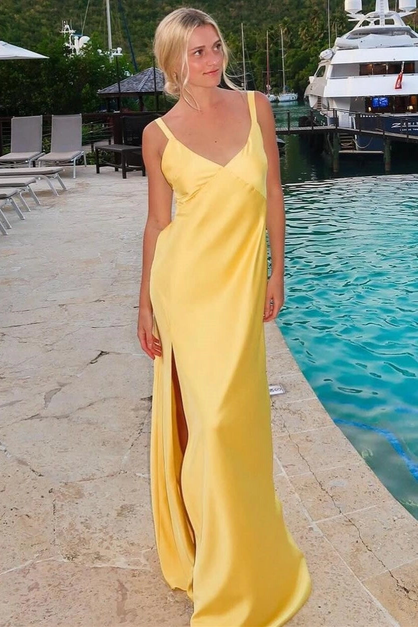 Loverlm yellow satin floor-length evening dress with V neckline, spaghetti straps and side slit