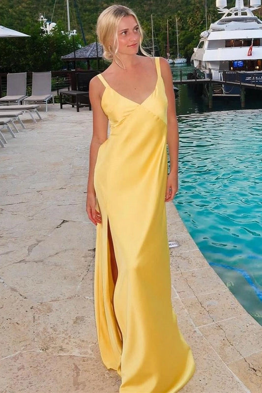 Loverlm yellow satin floor-length evening dress with V neckline, spaghetti straps and side slit