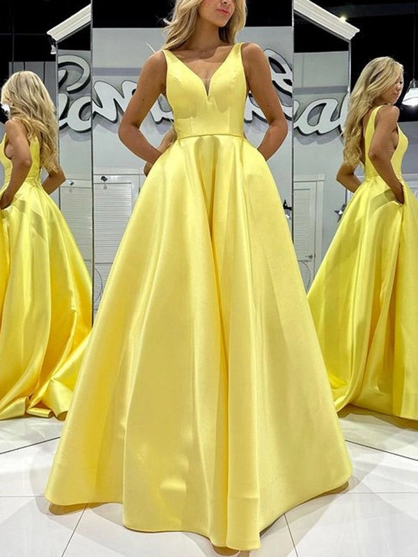 Loverlm yellow satin V-neck A-line ball gown floor-length prom dress front view