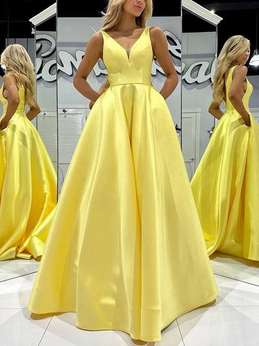 Loverlm yellow satin V-neck A-line ball gown floor-length prom dress front view