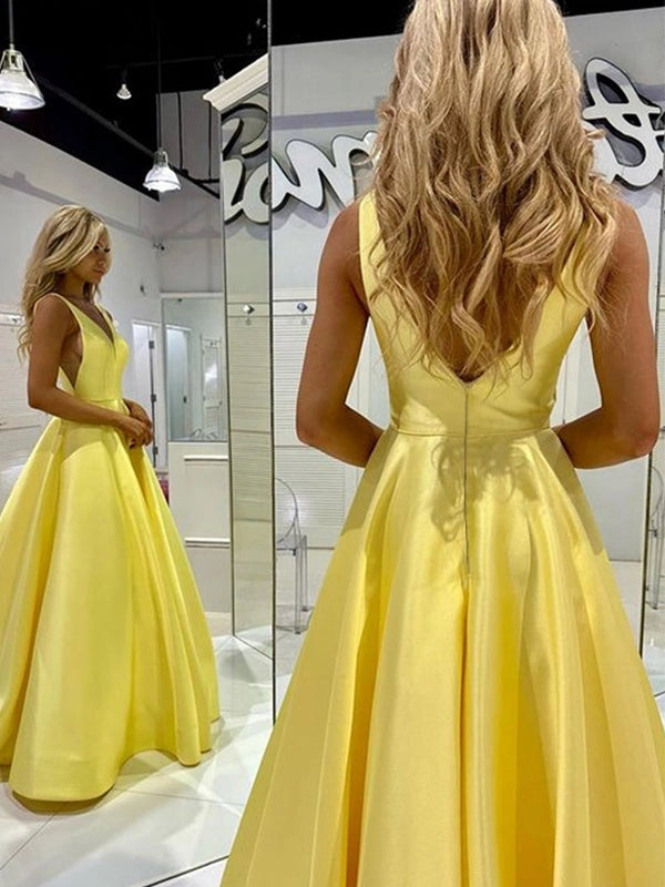 Elegant A-Line V-Neck Sleeveless V-Back Full-Skirt Floor-Length Prom Dress
