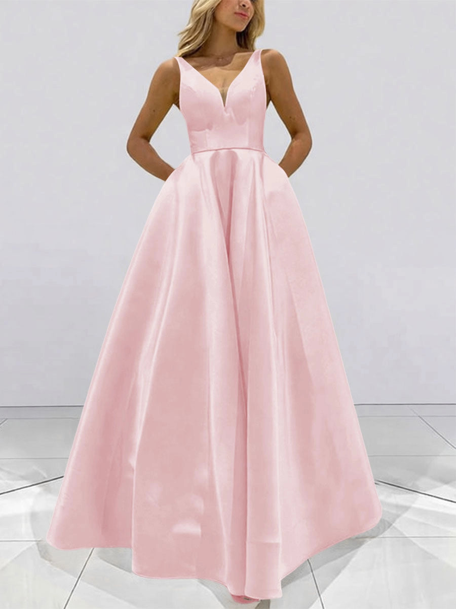 Elegant A-Line V-Neck Sleeveless V-Back Full-Skirt Floor-Length Prom Dress