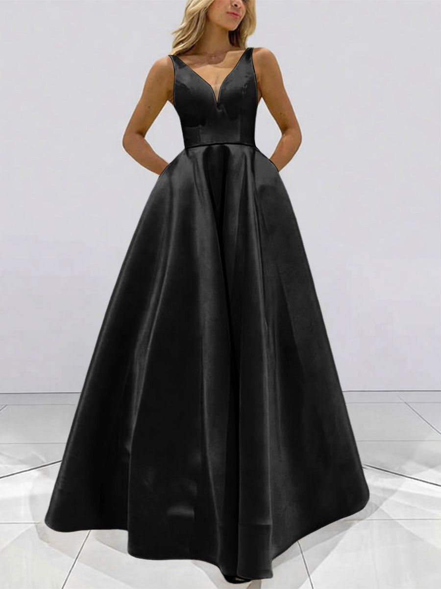 Elegant A-Line V-Neck Sleeveless V-Back Full-Skirt Floor-Length Prom Dress