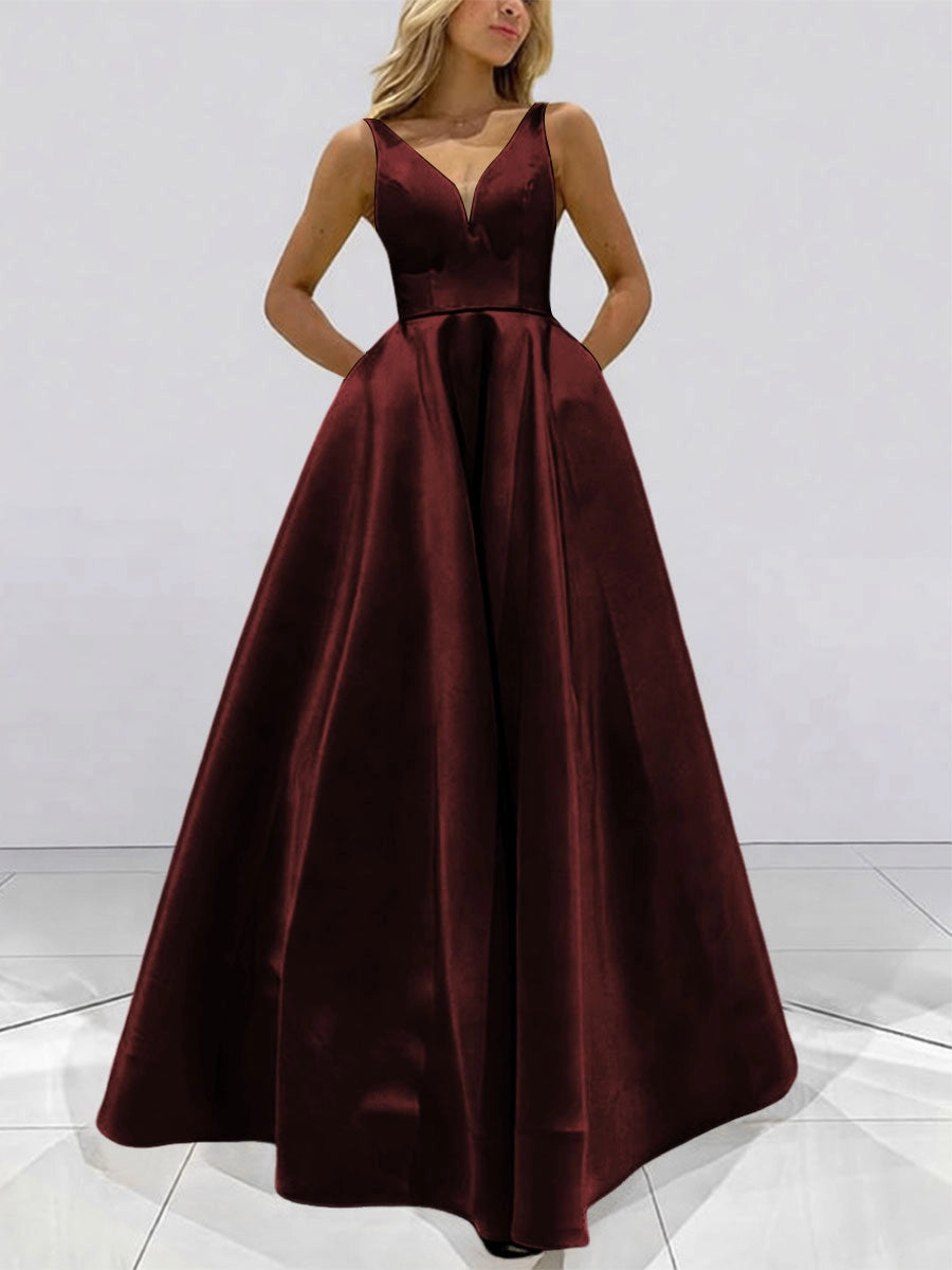 Elegant A-Line V-Neck Sleeveless V-Back Full-Skirt Floor-Length Prom Dress