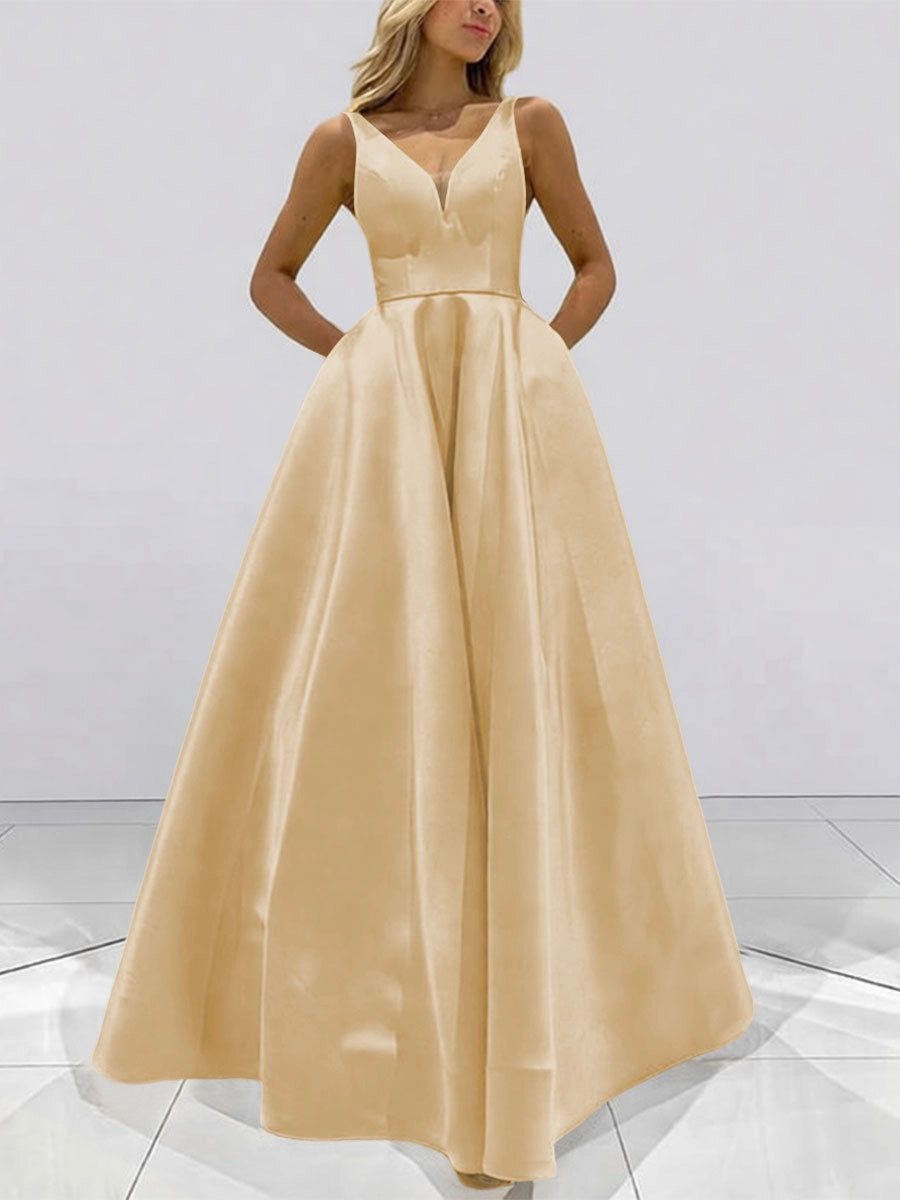 Elegant A-Line V-Neck Sleeveless V-Back Full-Skirt Floor-Length Prom Dress