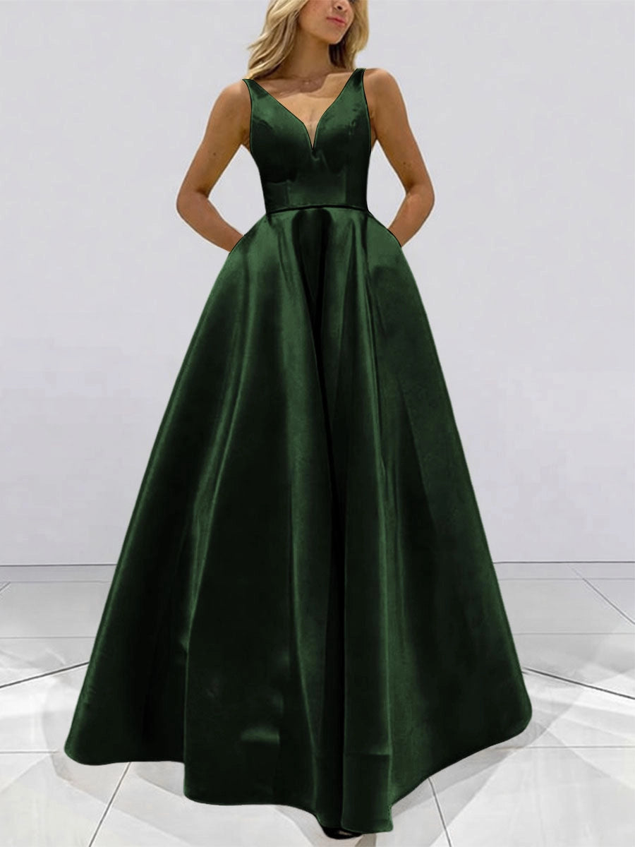 Elegant A-Line V-Neck Sleeveless V-Back Full-Skirt Floor-Length Prom Dress