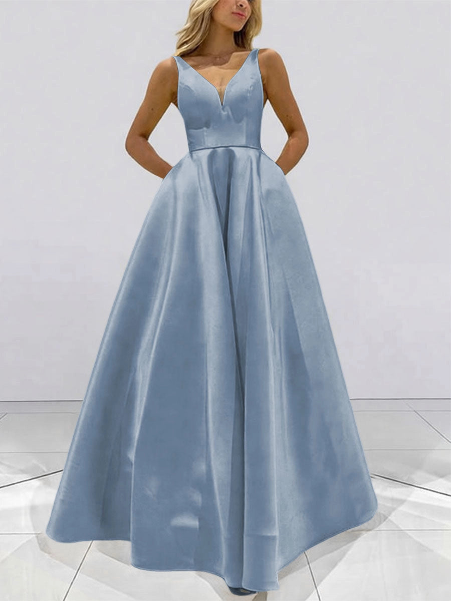 Elegant A-Line V-Neck Sleeveless V-Back Full-Skirt Floor-Length Prom Dress