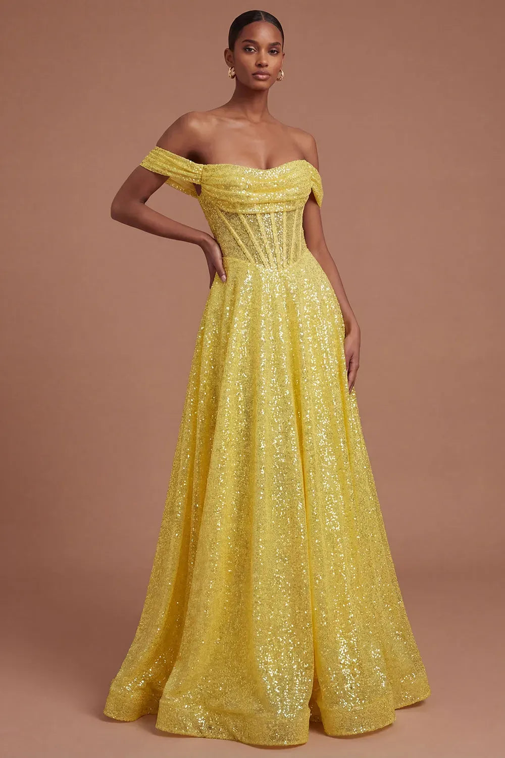 Loverlm yellow sequin A-line prom dress with off-shoulder sweetheart corset bodice