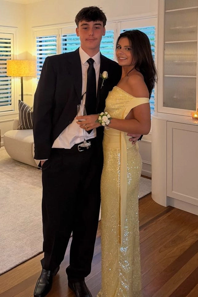 Front view of Loverlm yellow sequin off-shoulder floor-length prom dress with draped sleeves