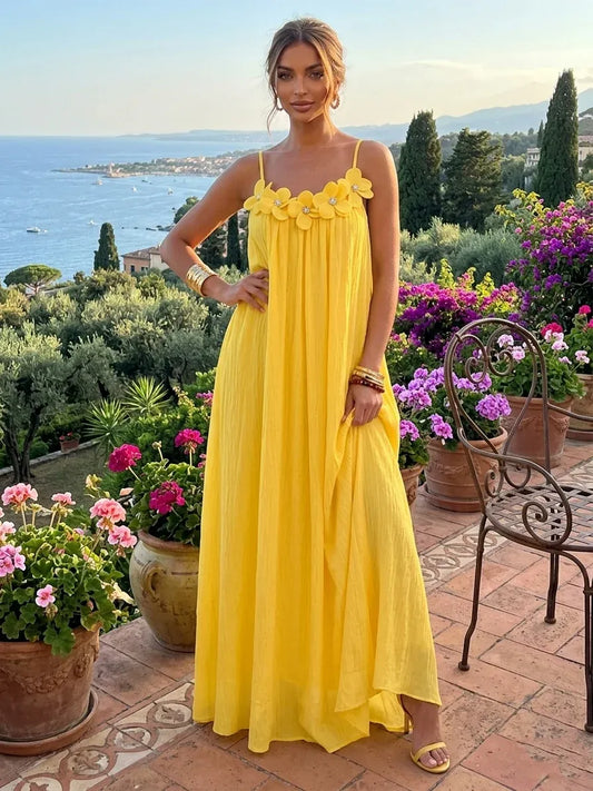 Loverlm yellow spaghetti strap floral neckline maxi vacation dress front view