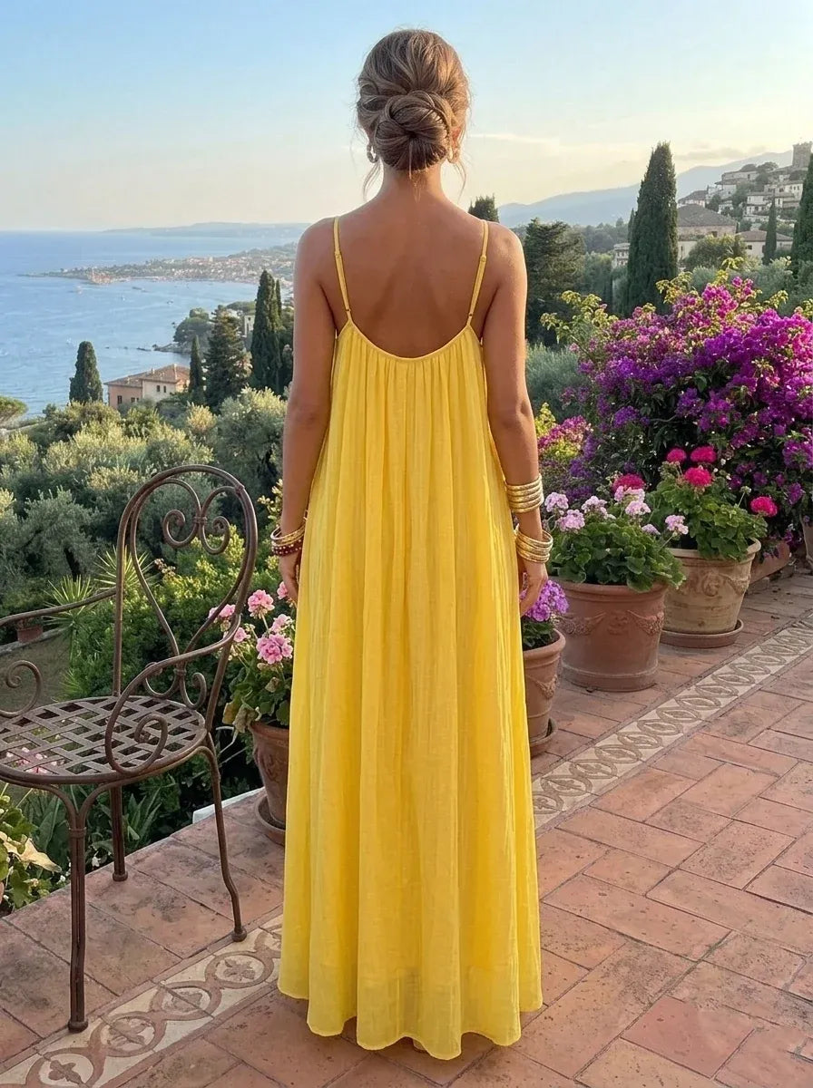 Sunny A-Line Spaghetti Strap Open Back Maxi Wedding Guest Dress
