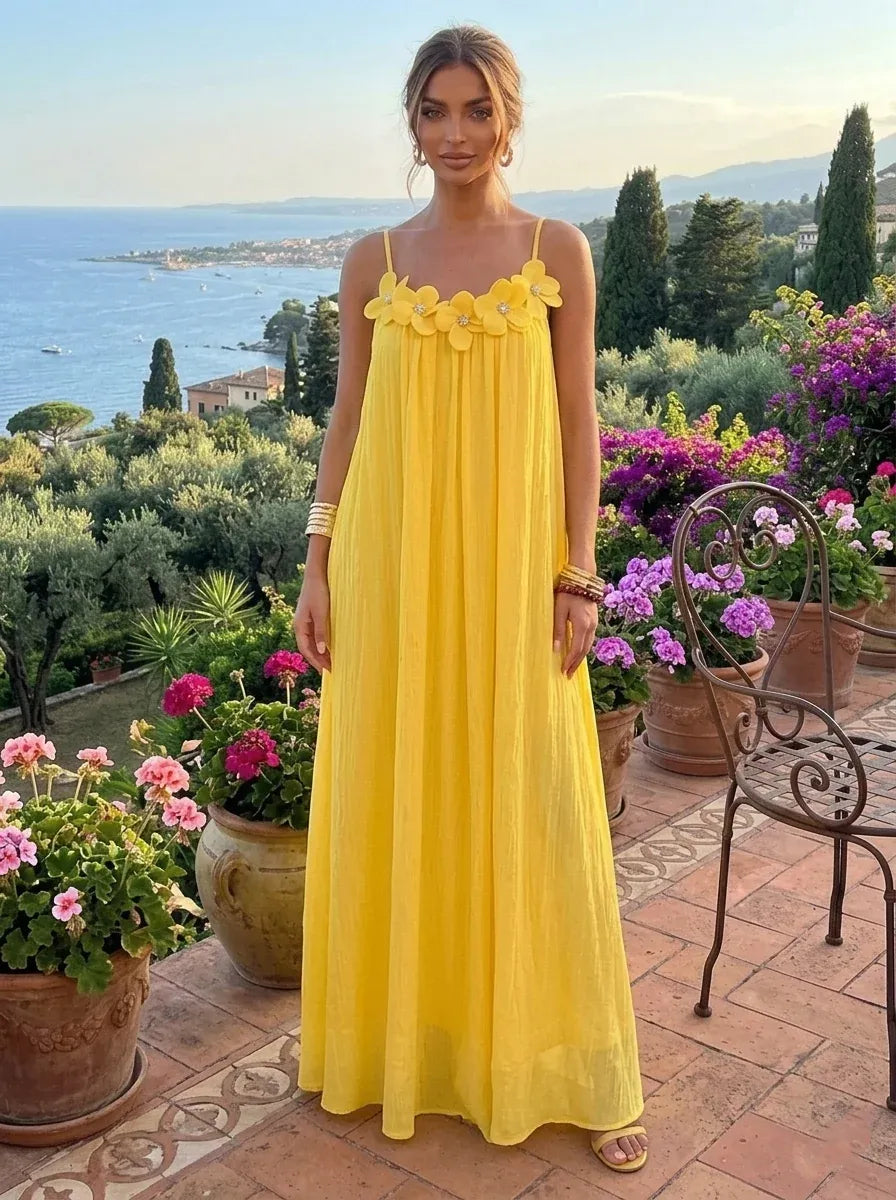 Sunny A-Line Spaghetti Strap Open Back Maxi Wedding Guest Dress