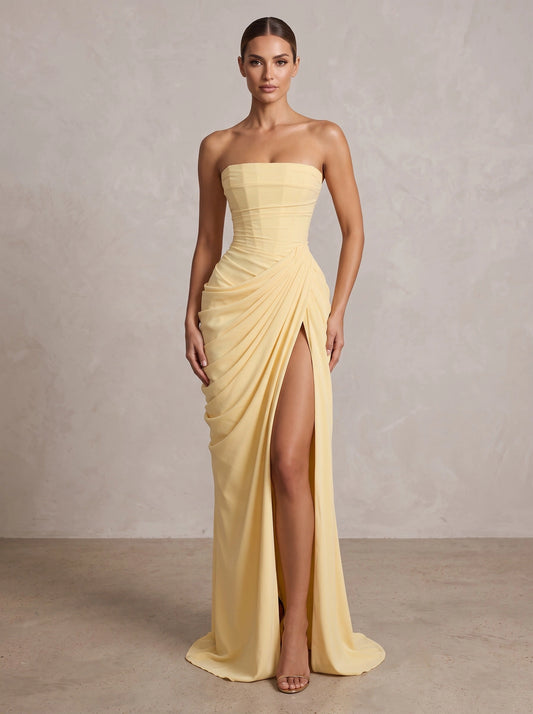 Loverlm yellow strapless chiffon ruched high slit floor length prom dress front view