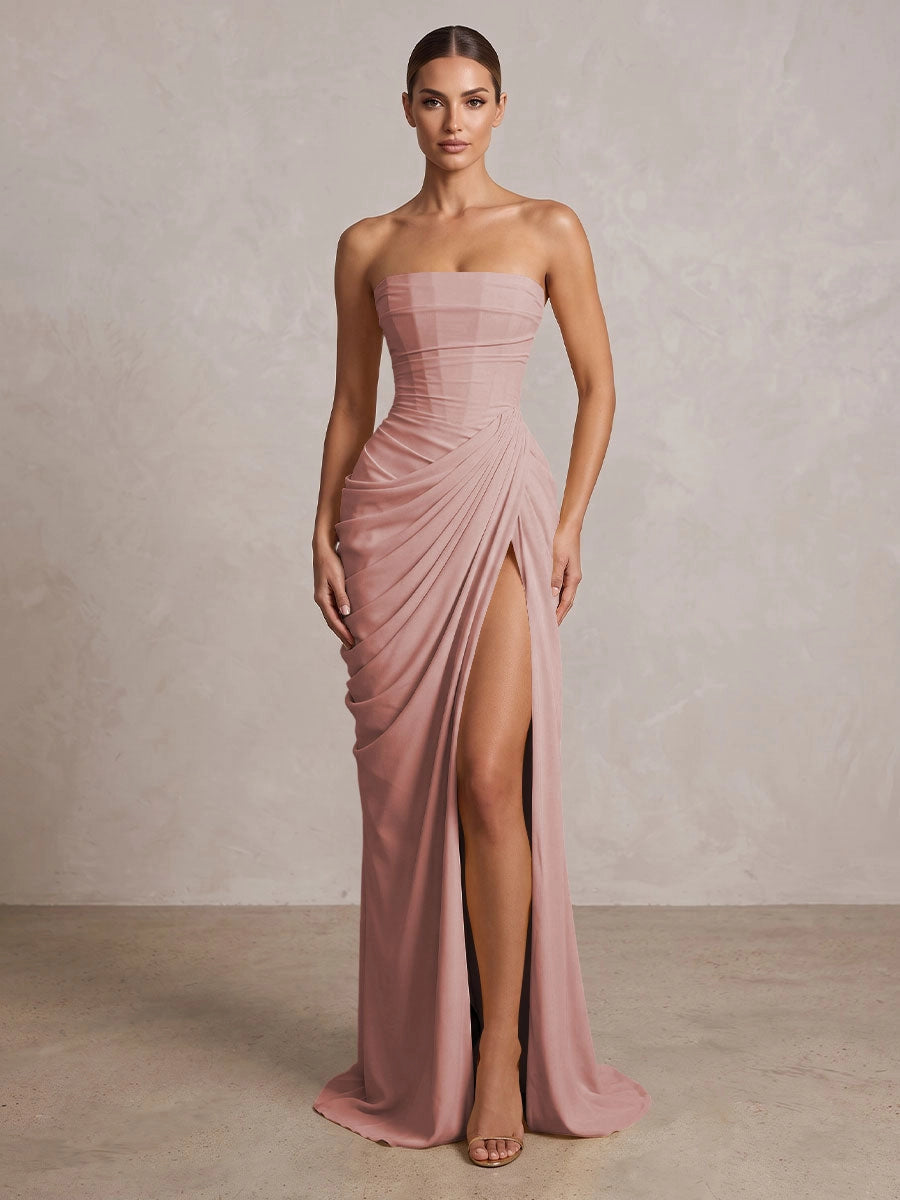Elegant Chiffon Strapless Ruched Lace-Up High Slit Floor Length Prom Dress