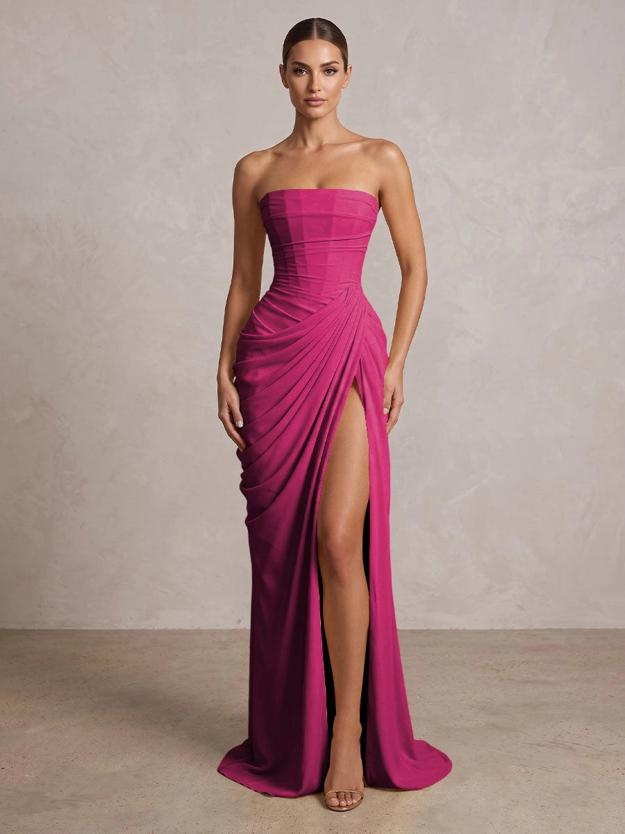 Elegant Chiffon Strapless Ruched Lace-Up High Slit Floor Length Prom Dress