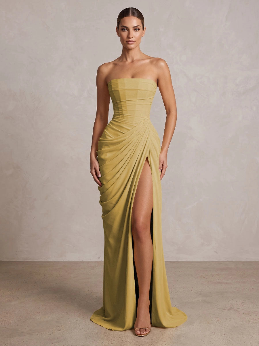 Elegant Chiffon Strapless Ruched Lace-Up High Slit Floor Length Prom Dress