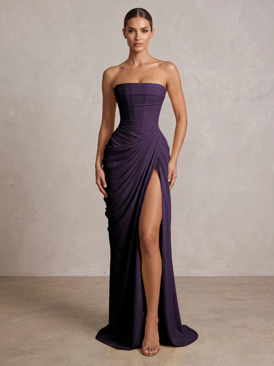 Elegant Chiffon Strapless Ruched Lace-Up High Slit Floor Length Prom Dress