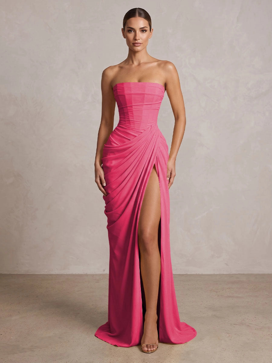 Elegant Chiffon Strapless Ruched Lace-Up High Slit Floor Length Prom Dress