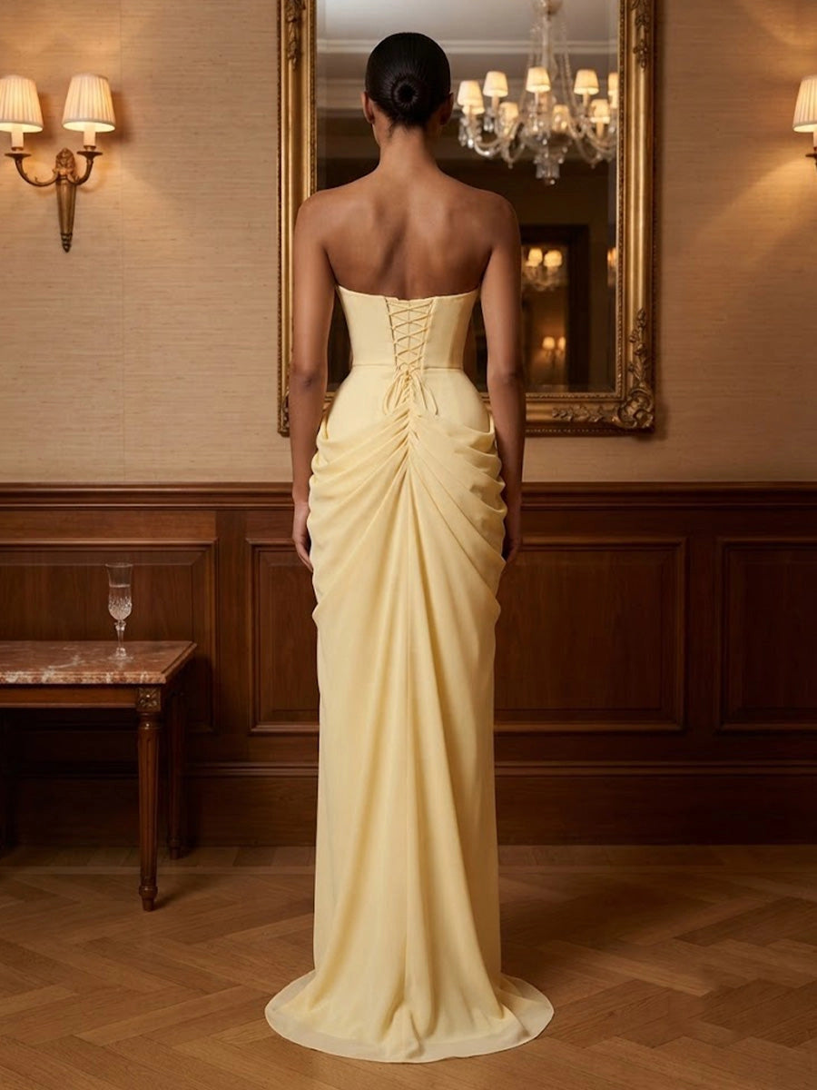 Elegant Chiffon Strapless Ruched Lace-Up High Slit Floor Length Prom Dress