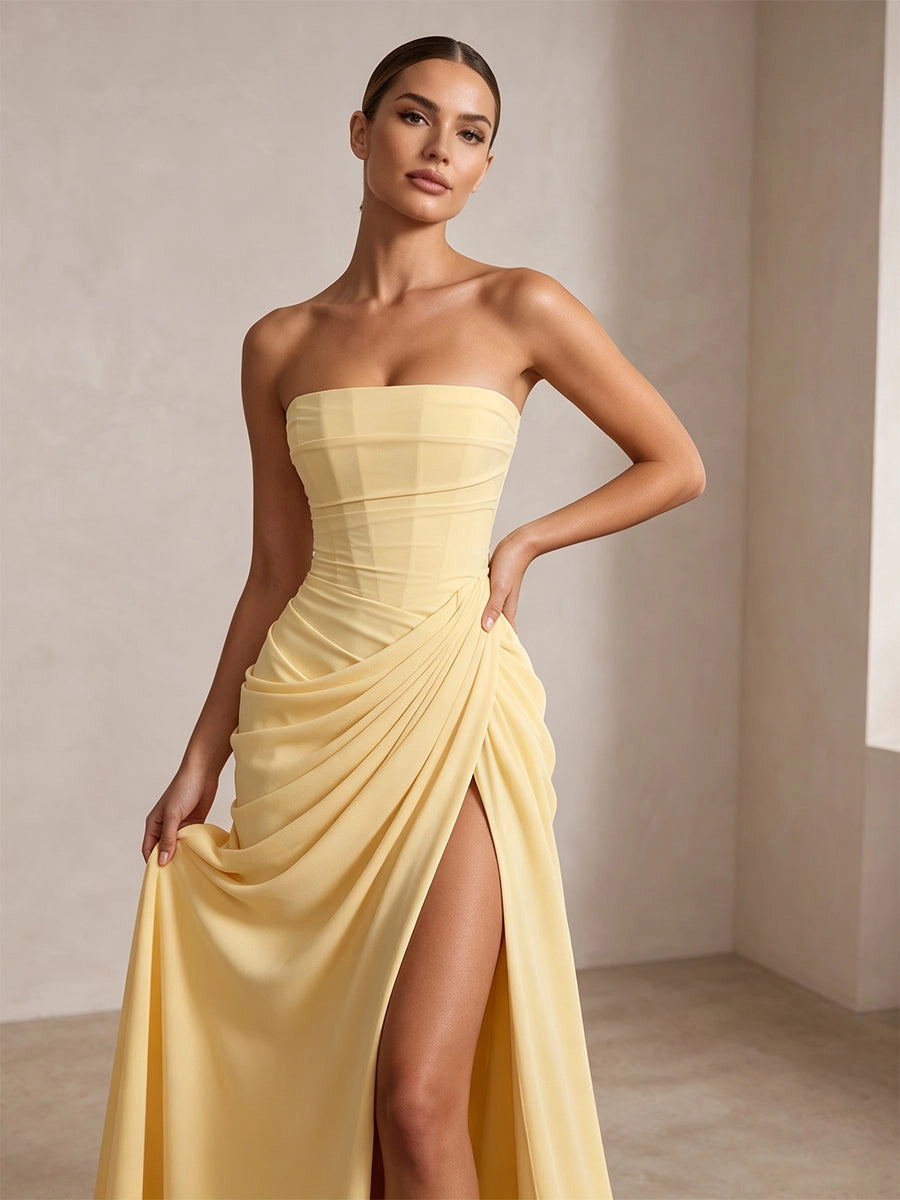 Elegant Chiffon Strapless Ruched Lace-Up High Slit Floor Length Prom Dress