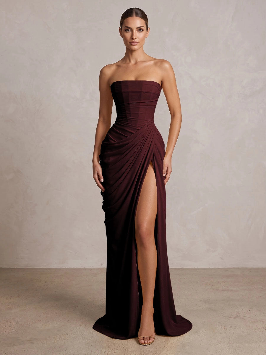 Elegant Chiffon Strapless Ruched Lace-Up High Slit Floor Length Prom Dress