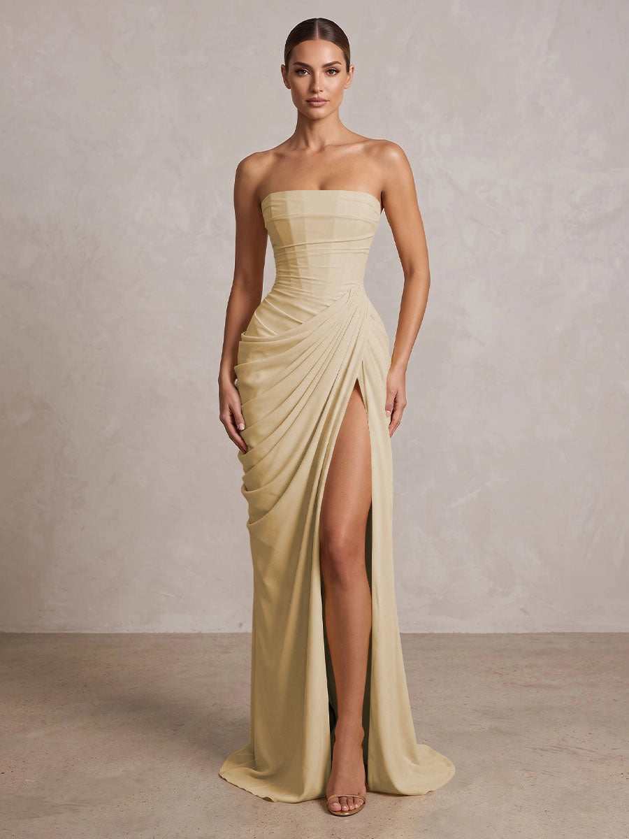 Elegant Chiffon Strapless Ruched Lace-Up High Slit Floor Length Prom Dress