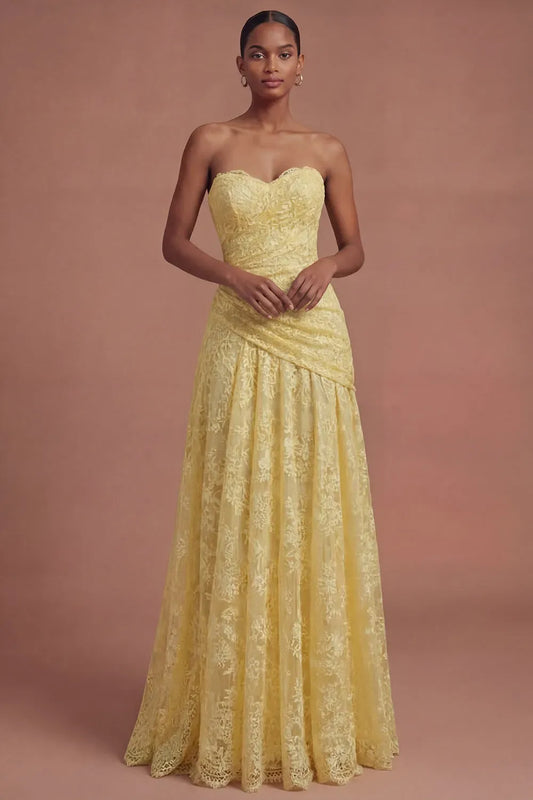 Loverlm yellow lace A-line prom dress with sweetheart strapless neckline