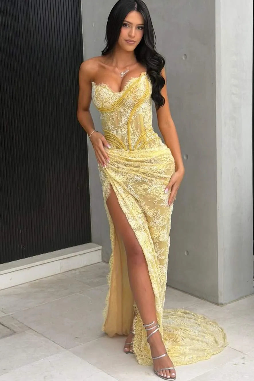 Loverlm yellow strapless mermaid prom dress with lace bodice ruched hips high slit and floor-length skirt