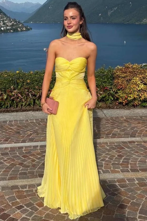 Loverlm yellow strapless sweetheart prom dress with ruched bodice pleated skirt and flowing floor-length A-line silhouette